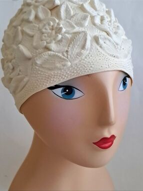 1960s Swim Cap Floral Molded 3D Rubber Ivory Retro Glam Synchronized Swimmer